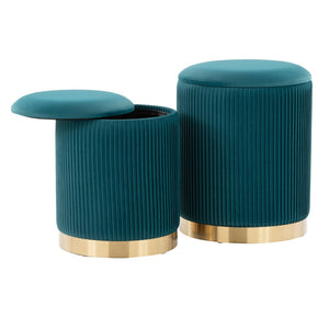 English Elm Nesting Pleated Velvet Ottoman Pair with Polished Gold Base Glam Living Room Accent B202P471499