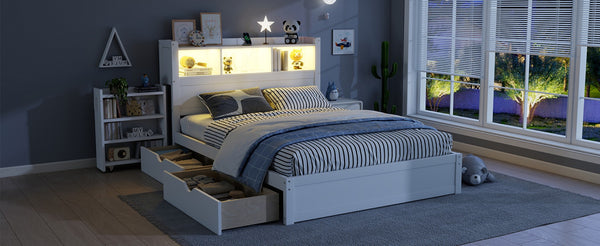 English Elm Twin Wood Storage Bed with Led Headboard Drawers and Pull Out Cabinet for Kids White W2593S00050