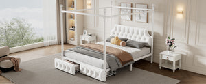 English Elm Queen Metal Canopy Platform Bed with Upholstered Velvet Headboard, Built-In Storage Drawers, White Elegance DL000656AAK
