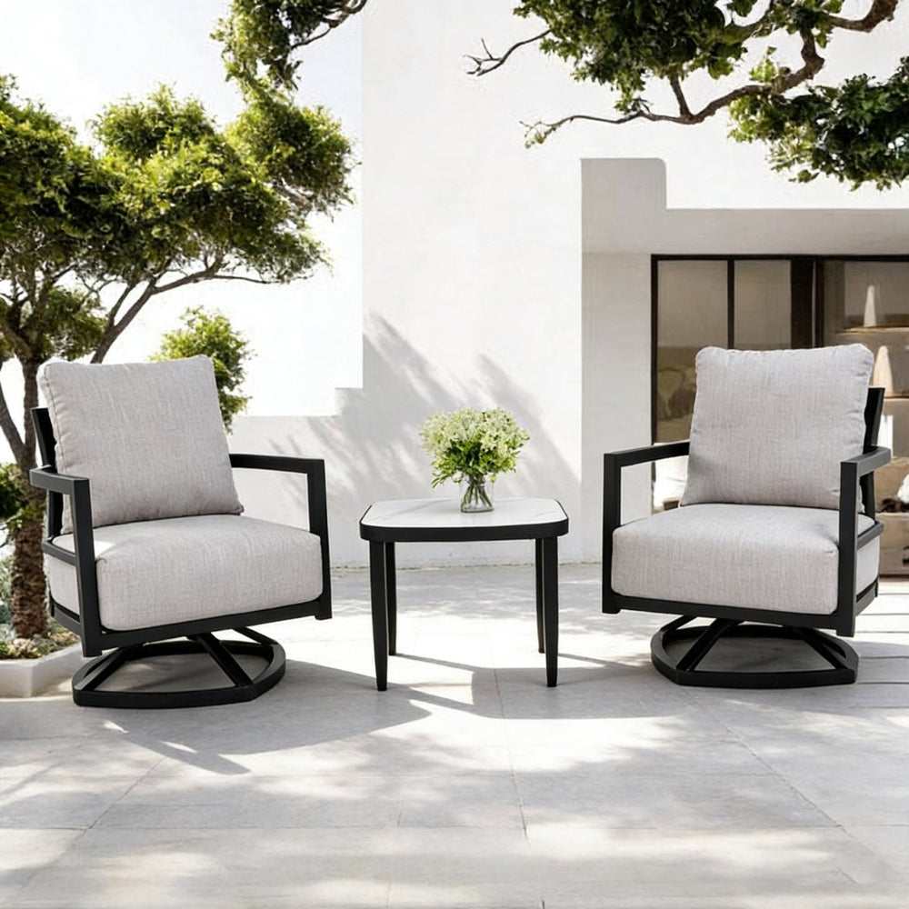 English Elm 3pc Outdoor Aluminum Swivel Lounge Set Sunbrella Cushions Sintered Stone Side Table W1886S00039