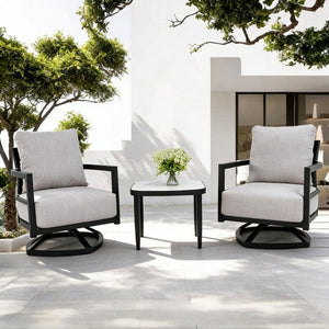 English Elm 3pc Outdoor Aluminum Swivel Lounge Set Sunbrella Cushions Sintered Stone Side Table W1886S00039