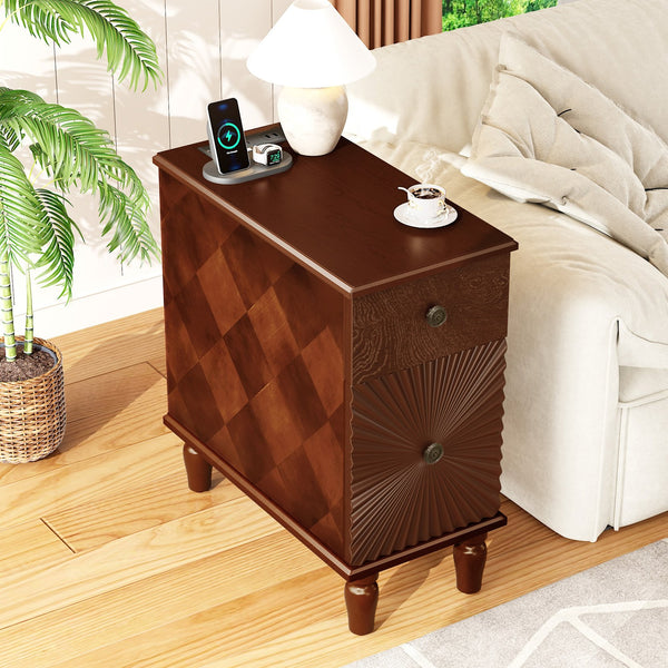 English Elm 2 Drawer Modern Sofa Side Table with Charging Station, Walnut Slim Nightstand with 2 AC/2 USB, 2 Drawers, Fully Assembled W2593P289143