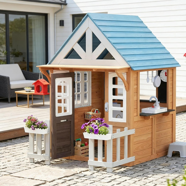 English Elm Garden Fir Wood Kids Playhouse with Toy Kitchen Chalkboard and Birdhouse Outdoors T3971P491771