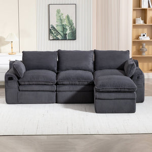 English Elm L Shaped Corduroy Modular Sectional with Cloud Cushions Footstool and Lumbar Pillows Gray W395S00140