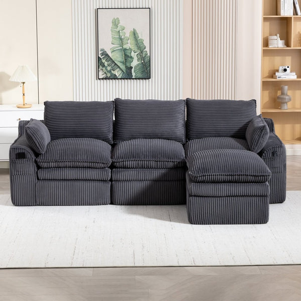 English Elm L Shaped Corduroy Modular Sectional with Cloud Cushions Footstool and Lumbar Pillows Gray W395S00140