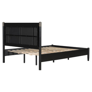 English Elm Solid Pine Queen Bed Industrial Upholstered Headboard with Iron Handles 500 Lb Frame Black,Dark Grey N770PQ361408B