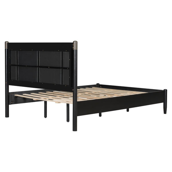 English Elm Solid Pine Queen Bed Industrial Upholstered Headboard with Iron Handles 500 Lb Frame Black,Dark Grey N770PQ361408B