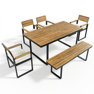 English Elm 6-piece Outdoor Acacia Wood Patio Dining Set with Cushioned Chairs Bench Steel Frame Beige N704G201255A
