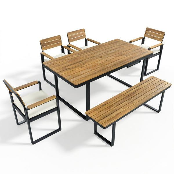 English Elm 6-piece Outdoor Acacia Wood Patio Dining Set with Cushioned Chairs Bench Steel Frame Beige N704G201255A