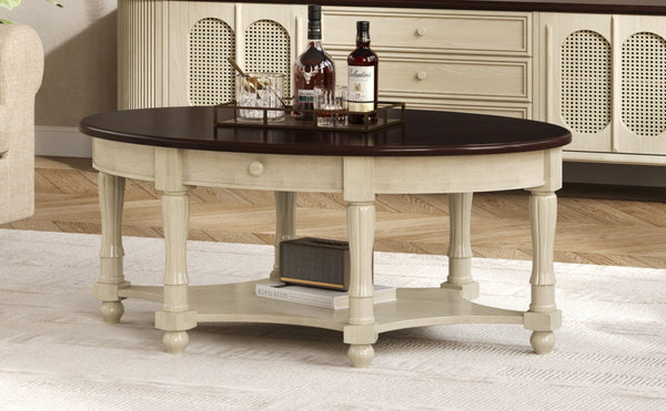 English Elm Vintage Oval Coffee Table With Drawer & Storage Shelf - French Country Charm For Living Rooms N735P277388K-GIGA