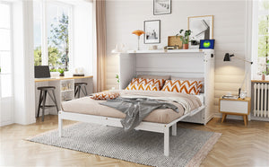 English Elm Queen Murphy Wall Bed Cabinet with Storage Drawer Built-in Power Outlets Usb Ports White LP000400AAK-1