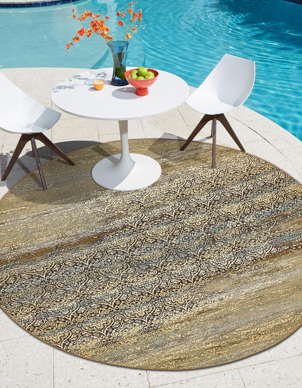 Unique Loom Outdoor Modern Transitional Machine Made Damask Rug Beige, Blue/Brown/Purple 8' 0" x 8' 0"