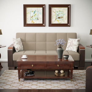 English Elm PrimeNest ZenAero Upholstered Wood Trim Convertible Sofabed with Storage, Click-Click Sleeper Comfort Brown+Sand B030P286536