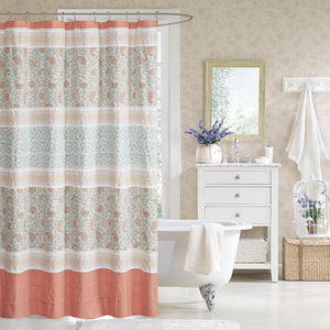 JLA Home Madison Park - Cotton Paisley Shower Curtain with Pin-Tucks and Lace Trim, OEKO-TEX Certified, 72x72 Inches Coral MP70-3038