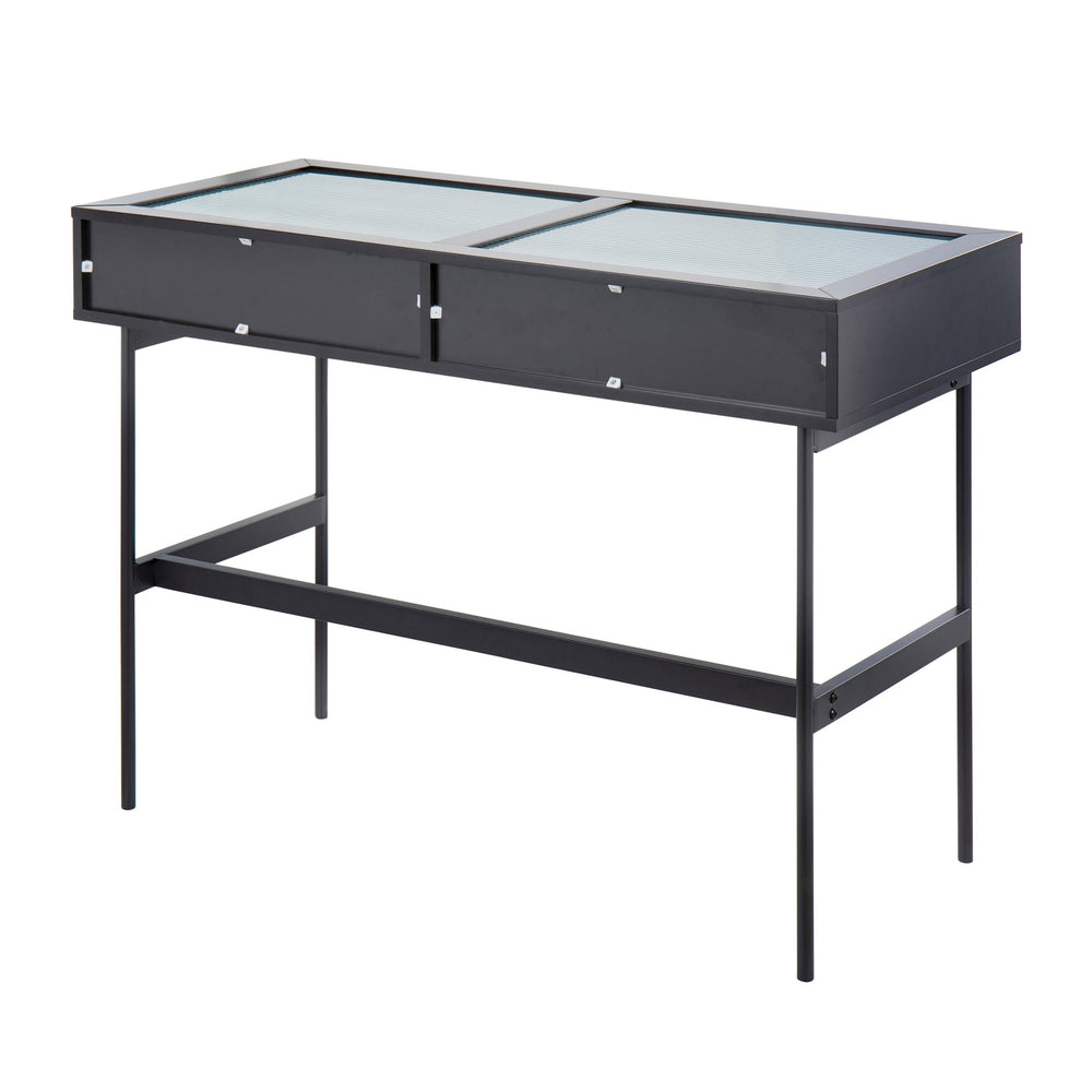 English Elm Emery Contemporary Console Table with Tempered Glass Top, Black Wood & Steel Frame, 2 Drawers, Sleek Design B202P223380