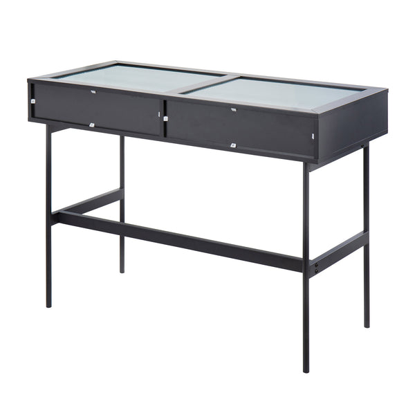 English Elm Emery Contemporary Console Table with Tempered Glass Top, Black Wood & Steel Frame, 2 Drawers, Sleek Design B202P223380