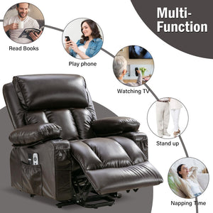 English Elm Power Lift Recliner Chair with Massage Heating Fleece Leather and Usb for Elderly Brown W1807P299429
