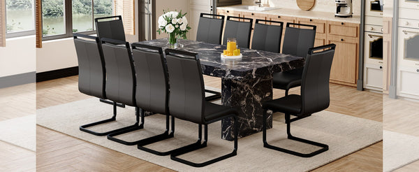 English Elm Table and Chair Set 11 Piece Marble Mdf Top with Ten Pu Seats for Formal Dining W1151S03988