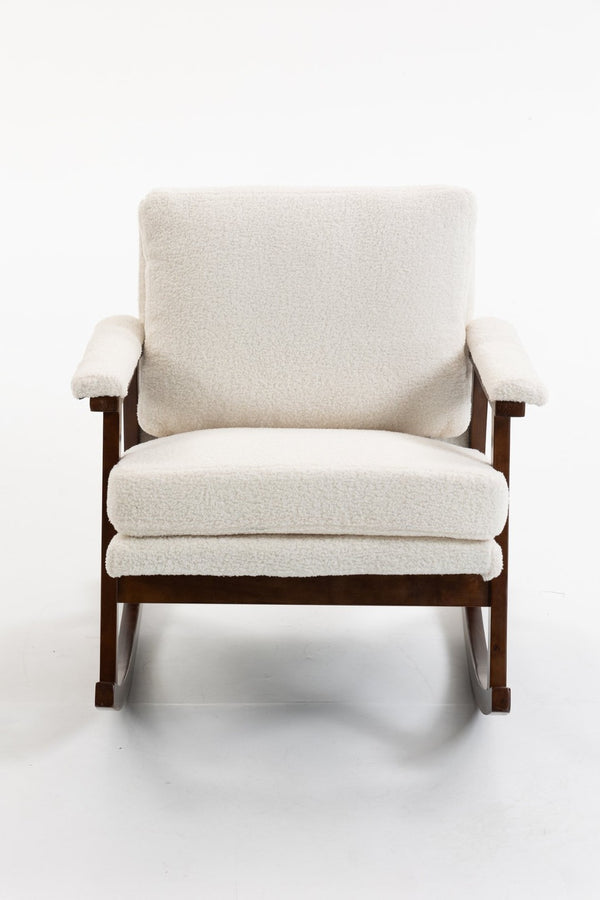 English Elm Mid Century Modern Rocking Chair Solid Wood Frame Upholstered Seat with Lumbar Cushion Antique White W2530P418996