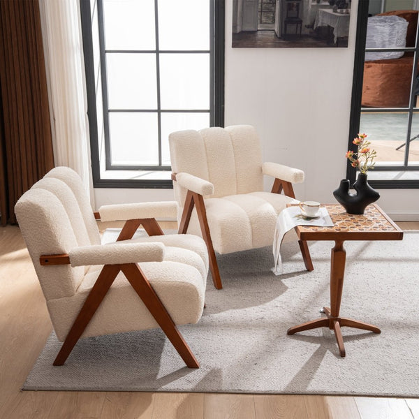 English Elm Mid-century Modern Chenille Lounge Chair Set Oak Frame Cloud Silhouette Living Room Beige W1170S00052