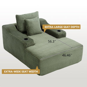 English Elm 67" Corduroy Oversized Chaise Sleeper Sofa Deep Seat Boneless Lounge with Cup Holder Pillows Green W1803P409244