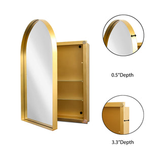 English Elm 24x36 Arched Recessed Medicine Cabinet with Mirror and Adjustable Shelves, Sleek Metal Frame Bathroom Storage Gold W1435P182923