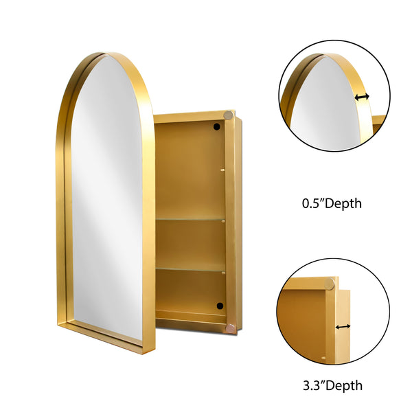 English Elm 24x36 Arched Recessed Medicine Cabinet with Mirror and Adjustable Shelves, Sleek Metal Frame Bathroom Storage Gold W1435P182923