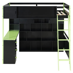 English Elm Full Size Gaming Loft Bed with Led Lighting Desk Drawers and Display Shelving Green LT000263AAF