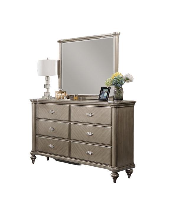 English Elm Luxury Modern Antique Silver Champagne Dresser with Mirror — 64" 6-Drawer Glam Storage for Bedroom Decor B011S01153