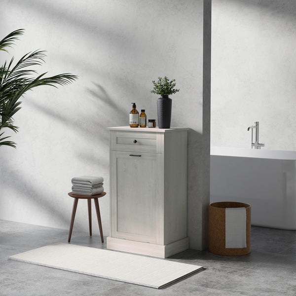 English Elm HOMCOM Tilt-Out Kitchen Trash Cabinet with Drawer and Oak Top Space-Saving Pet-Safe Organizer Light Gray W2225P229590