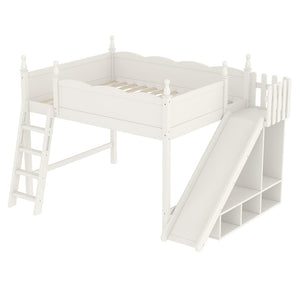 English Elm Queen Solid Pine Loft Bed with Wardrobe Shelves Detachable Slide and Dual Sleeping Zones Beige W5305S00028