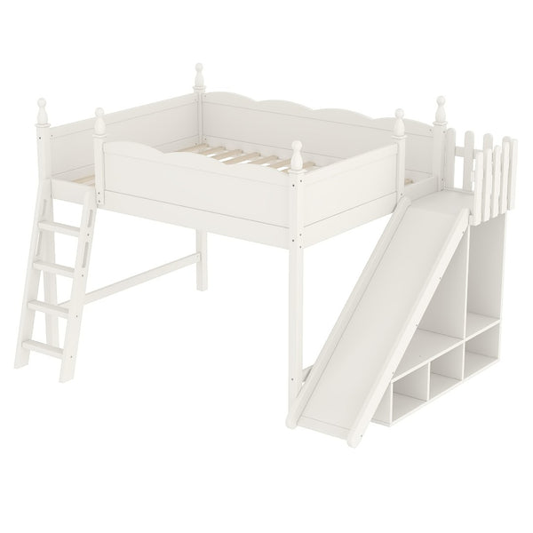 English Elm Queen Solid Pine Loft Bed with Wardrobe Shelves Detachable Slide and Dual Sleeping Zones Beige W5305S00028