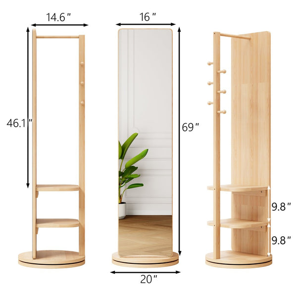 English Elm 360° Rotating Full Length Mirror Solid Wood Coat Hook Rack Freestanding Bedroom Entryway W2987P438049