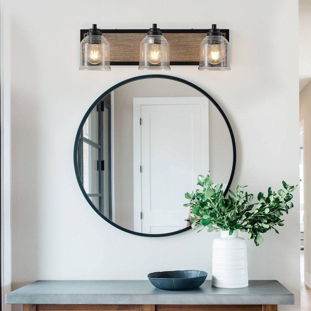 English Elm 23" Farmhouse Vanity Light Fixture – 3-Light Industrial Wall Sconce with Clear Seeded Glass, Black Woodgrain Finish W2312P374826