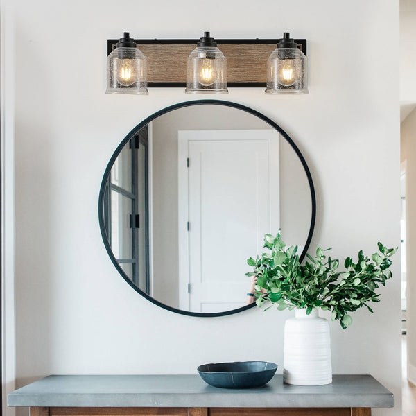 English Elm 23" Farmhouse Vanity Light Fixture – 3-Light Industrial Wall Sconce with Clear Seeded Glass, Black Woodgrain Finish W2312P374826