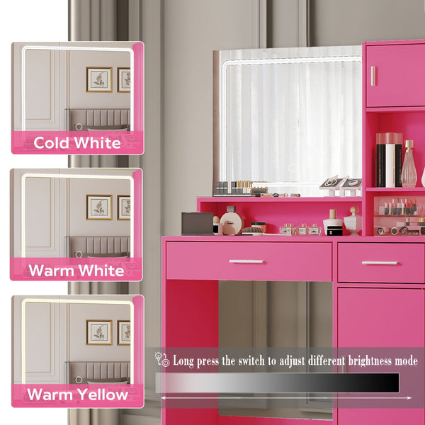 English Elm Vanity LED Mirror Dressing Table with Touch Controls, Large Drawer & Smart Storage for Bedroom Rose Pink W2386P288814