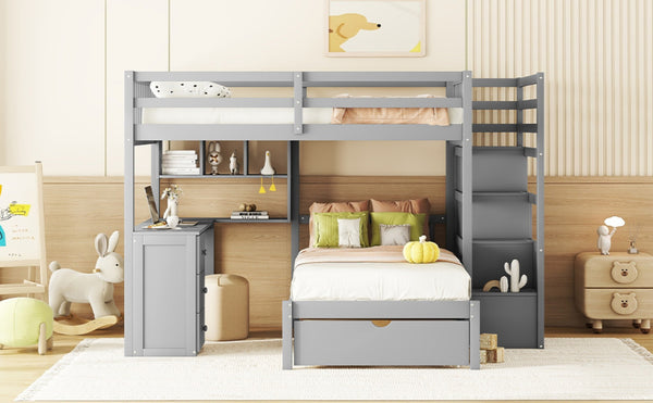 English Elm Full Over Twin Bunk Bed with Staircase Drawers Desk and Shelves in Gray Gray LT001605AAE-2