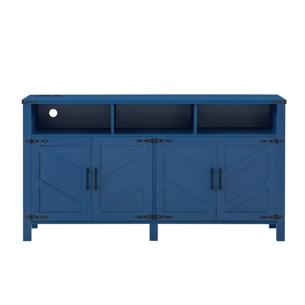 English Elm U_style 59 Inch Sideboard Buffet with Built in Power Outlets Open Cubbies Metal Accents Navy Blue N711P347407V