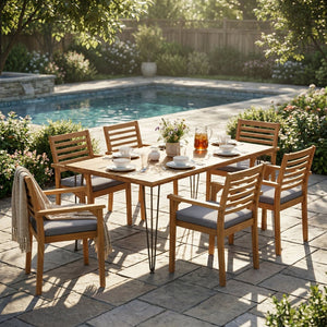 English Elm 7 Piece Acacia Wood Outdoor Dining Set with Iron Hairpin Legs and Wicker Chairs N762S000041AAA