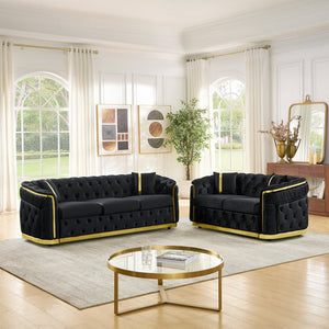 English Elm 2 Piece Velvet Chesterfield Sofa Set with Gold Steel Trim Button Tufted Living Room Couch Black W1191S00099