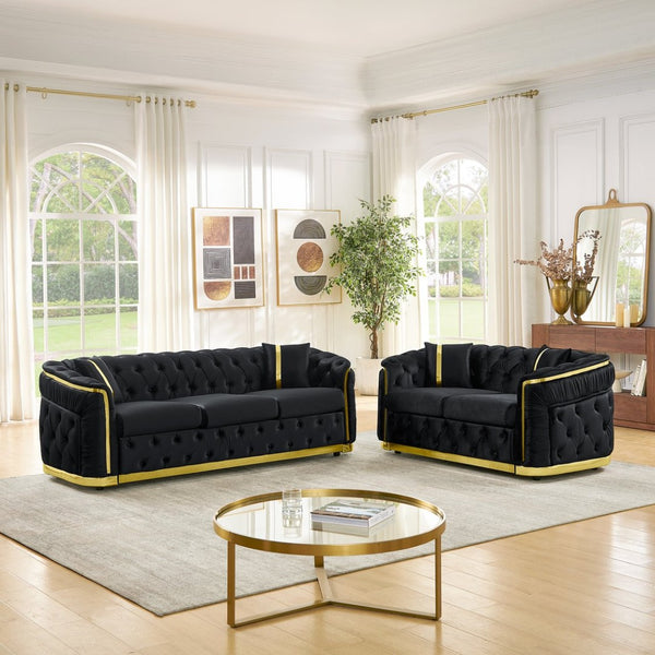 English Elm 2 Piece Velvet Chesterfield Sofa Set with Gold Steel Trim Button Tufted Living Room Couch Black W1191S00099