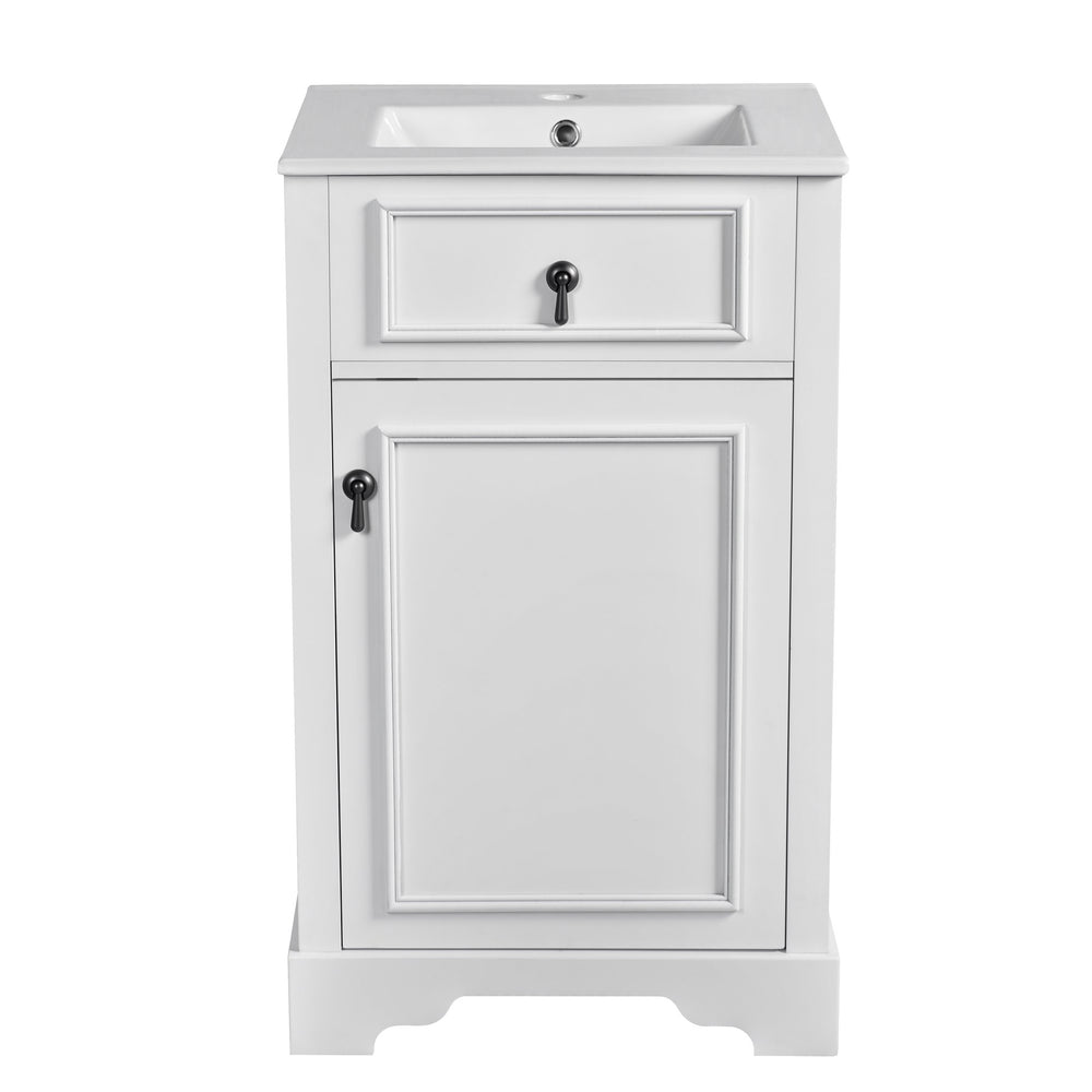 English Elm 20-Inch bathroom vanity with ceramic sink, soft-close door, vintage handle, adjustable shelves, compact storage for small baths White N729P192077K