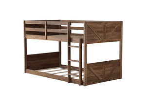 English Elm Twin Twin over Twin Floor Bunk Bed with Rustic Panel Headboards, Solid Rubberwood Frame, Space-Saving Design Antique Dark Oak W504P263818