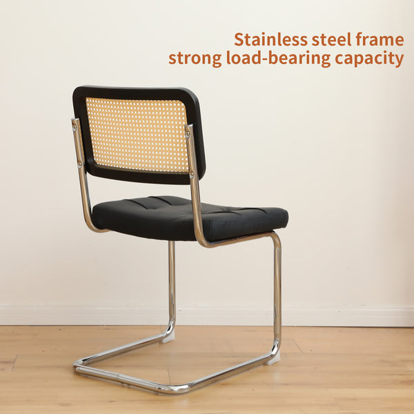 English Elm Dining Mid-Century Cantilever Chairs Set of 2 with Chrome Frame, Rattan Back and Faux Leather Seat Black W2105P230510