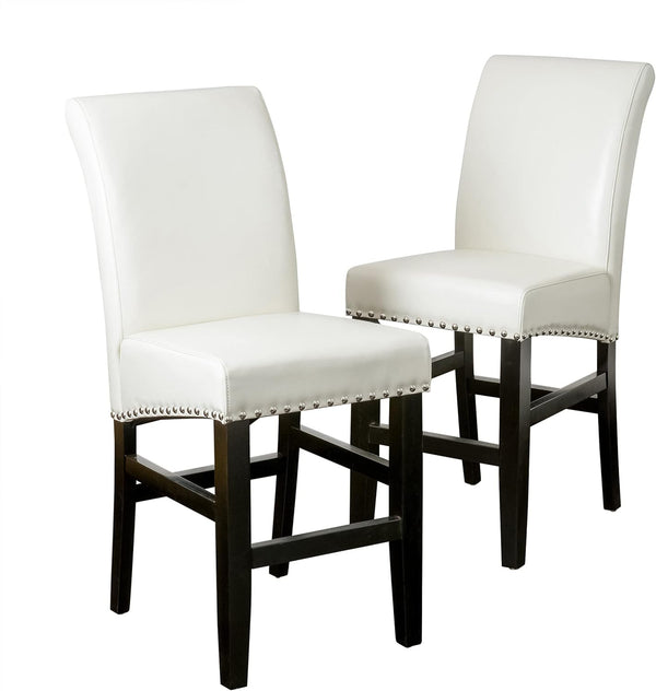 English Elm Christopher Knight Home® - Contemporary Ivory Bonded Leather Counter Stools with Nailhead Trim, 25" Padded Bar Chairs (Set of 2) N780P168429
