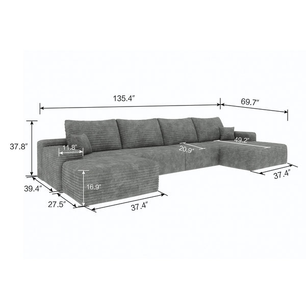 English Elm 135" Cloud Sectional Sofa With Ottoman - Modern U-Shaped Couch For Cozy Living Rooms & Versatile Spaces W2824S00045