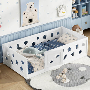 English Elm Twin Floor Bed With Safety Guardrails & Doorway - Cozy Solid Wood Frame For Kids' Rooms & Playrooms W1820P240542-GIGA