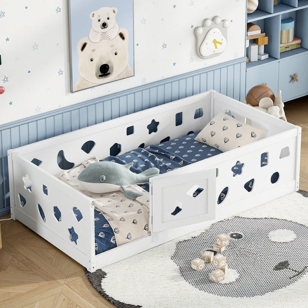 English Elm Twin Floor Bed With Safety Guardrails & Doorway - Cozy Solid Wood Frame For Kids' Rooms & Playrooms W1820P240542-GIGA