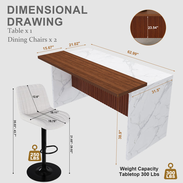 English Elm 63" Modern Kitchen Island Set With 2 Beige Bar Stools, White Marble Look, Led Lighting & Grill Design W2699S00074