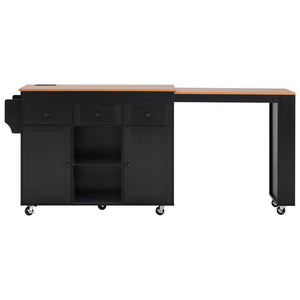 English Elm K&k Rolling Kitchen Island with Extendable Table Open Shelving and Built-in Power Outlet Black N707P360278B